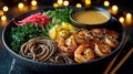 Delicious grilled shrimp with soba noodles and vegetables Royalty Free Stock Photo