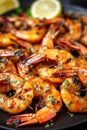 Delicious grilled shrimps with butter and fresh herbs close up shot. Outdoor picnic family dinner nutritious seafood