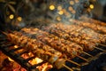 Delicious Grilled Skewers Over Charcoal Flames with Smoke and Warm Glowing Background