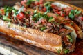 Delicious Grilled Steak Sandwich with Fresh Herbs, Spices, and Tomato Salsa on Rustic Wooden Board