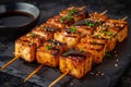 Delicious Grilled Tofu Skewers with Teriyaki Sauce and Sesame Seeds on a Slate Serving Plate, Vegan Appetizer Ideas, Asian Cuisine