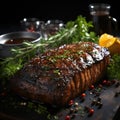 Delicious grilled tuna steak with herbs and spices on a black background