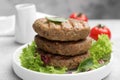 Delicious grilled vegan cutlets, lettuce and spinach on grey table, closeup Royalty Free Stock Photo