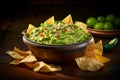 Delicious Guacamole bowl lime chips. Generate Ai