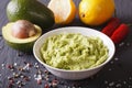 Delicious guacamole sauce and ingredients closeup. horizontal Royalty Free Stock Photo