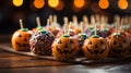 Halloween Pumpkin Decorated Candy Apples. Generative AI