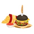 Delicious hamburger on a black bun with cutlet and French fries in cardboard packaging with ketchup. Vector illustration of fast