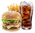 Delicious hamburger with cola and potato fries. Fast food concept. File contains clipping path