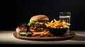 Iconic American Hamburger On Wooden Plate With Fries