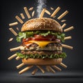 Delicious Hamburger floating on air with cheese and tomato surrounded with french fries dark background