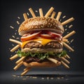 Delicious Hamburger floating on air with cheese and tomato surrounded with french fries dark background