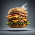 Delicious Hamburger floating on air with cheese and tomato surrounded with french fries dark background Royalty Free Stock Photo