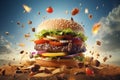Delicious hamburger with flying ingredient. ai generative