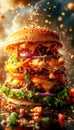 Delicious hamburger with flying ingredients. Generative AI