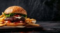 Delicious Hamburger and French Fries on Cutting Board. Generative AI