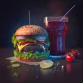 delicious hamburger. fresh and unhealthy burger. fast food. food lunch dinner breakfast. Generative AI. copy space
