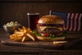 Delicious Hamburger and Fries on Cozy Wooden Table generative AI