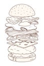 Delicious hamburger with layers or ingredients hand drawn with contour lines on white background. Drawing of burger