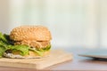 A delicious hamburger meal with cheese, lettuce, tomato, and beef on the work table