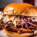 Delicious hamburger with pulled pork and coleslaw, close up.