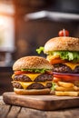 Hamburger sandwich on a wooden table, blurred background.