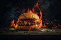 Delicious hamburger on a table with fire on a dark background, ai generative illustration