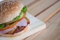 hamburger on a wooden table