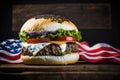 Delicious hamburger with usa flag on background, ai generative illustration