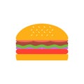 Delicious hamburger. Vector flat design burger icon. Burger with salad, tomatoes, cheese and cutlet. Fast food. Vector