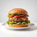 Delicious hamburger on white plate.Ready to eat.Hamburger with cheese, lettuce, tomato and onion on white background Royalty Free Stock Photo