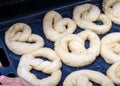 Delicious handmade bagels cooked in a warm oven in a farmhouse kitchen.