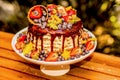 Delicious handmade layered cake decorated with chocolate glaze, strawberries, blueberries, carambola star fruit and ice cream cone Royalty Free Stock Photo