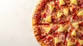 Delicious hawaiian pizza with ham and pineapple on white background, top view with space for text