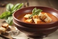 A warm bowl of tomato soup topped with croutons and fresh basil leaves. (Generative AI) Royalty Free Stock Photo