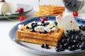 Delicious healthy breakfast. Belgian soft waffles with curd cheese cream and blueberry cherries lie white blue plate view from the Royalty Free Stock Photo