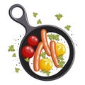 Delicious and healthy breakfast, frying pan with fried eggs, sausages, tomatoes and parsley. Illustration vector