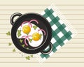 Delicious and healthy breakfast, frying pan with scrambled eggs, onion and parsley on a checkered napkin. Illustration, vector