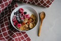 Delicious and healthy breakfast. Wooden spoon. Proper nutrition Royalty Free Stock Photo