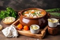 Delicious and healthy chicken noodle soup on a rustic table