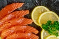 Delicious of healthy food on the plate salmon, lemon nutritious lunch or dinner