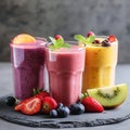 Three glasses of fresh fruit smoothies with berries, kiwi, and mint on dark background Royalty Free Stock Photo