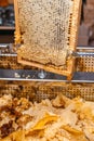 Delicious and healthy honey sealed in a honeycomb. Open honey in a bee wooden frame with a special tool. Long working knife for