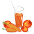 Useful medicinal and tasty drink. In a glass of natural vegetable juice ripe carrots and fruit apple. Vector illustration Royalty Free Stock Photo