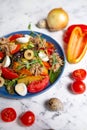 delicious and healthy Nicoise salad, top view on a white background