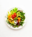 Delicious healthy salad of fresh avocado, tomatoes, cucumbers, peppers, lettuce, microgreens on white plate. Clean eating, lunch Royalty Free Stock Photo