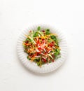 Delicious healthy salad of fresh carrot, cucumber, onion, radish, microgreens,pine nut and pomegranate on white plate. Clean Royalty Free Stock Photo