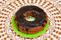 Delicious and healthy traditional Brazilian homemade carrot cake with chocolate sauce. Top view. Royalty Free Stock Photo