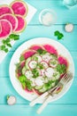 Delicious healthy vegan salad. watermelon radish, cucumber and r