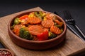 Delicious healthy vegetables steamed carrots, broccoli, asparagus beans and peppers Royalty Free Stock Photo