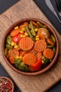 Delicious healthy vegetables steamed carrots, broccoli, asparagus beans and peppers Royalty Free Stock Photo